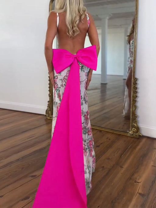 Deep V-Neck Embroidered Floral Prom Dress Mermaid with Bow