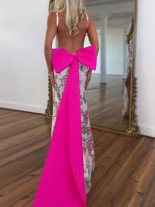 Deep V-Neck Embroidered Floral Prom Dress Mermaid with Bow