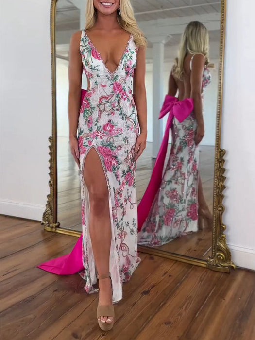 Deep V-Neck Embroidered Floral Prom Dress Mermaid with Bow