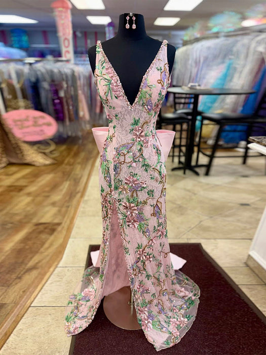Deep V-Neck Embroidered Floral Prom Dress Mermaid with Bow