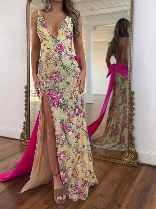 Deep V-Neck Embroidered Floral Prom Dress Mermaid with Bow