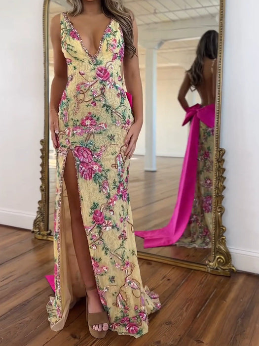 Deep V-Neck Embroidered Floral Prom Dress Mermaid with Bow