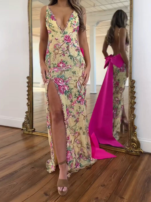 Deep V-Neck Embroidered Floral Prom Dress Mermaid with Bow
