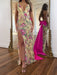 Deep V-Neck Embroidered Floral Prom Dress Mermaid with Bow