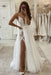 Deep V Neck Ivory Lace Long Wedding Dresses White Lace Dresses with High Split - wedding dress