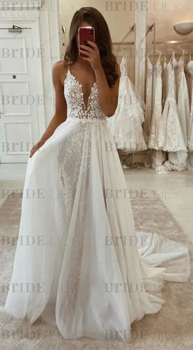 Deep V Neck Ivory Lace Long Wedding Dresses, White Lace Formal Evening Prom Dresses with High Split