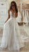 Deep V Neck Ivory Lace Long Wedding Dresses, White Lace Formal Evening Prom Dresses with High Split