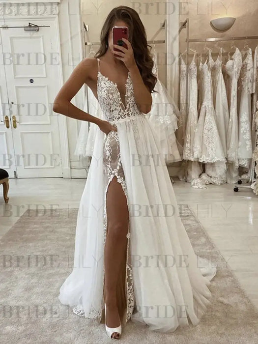 Ivory Lace Long Wedding Dresses with High Split On Sale-Bridelily Ivory Lace Long Wedding Dresses with High Split On Sale-Bridelily