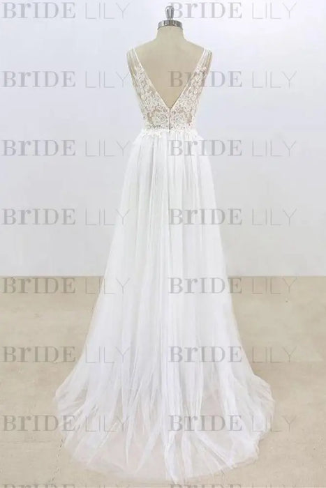 Deep V-neck Lace A-line Tulle Wedding Dress - Wedding Dresses