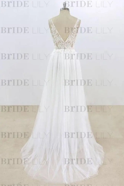 Deep V-neck Lace A-line Tulle Wedding Dress - Wedding Dresses