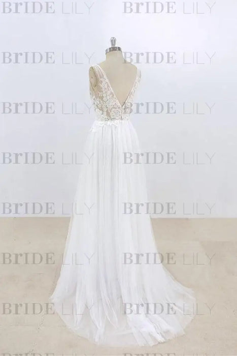 Deep V-neck Lace A-line Tulle Wedding Dress - Wedding Dresses