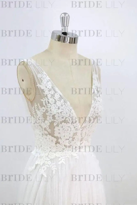 Deep V-neck Lace A-line Tulle Wedding Dress - Wedding Dresses