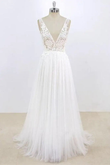 Deep V-neck Lace A-line Tulle Wedding Dress - Wedding Dresses