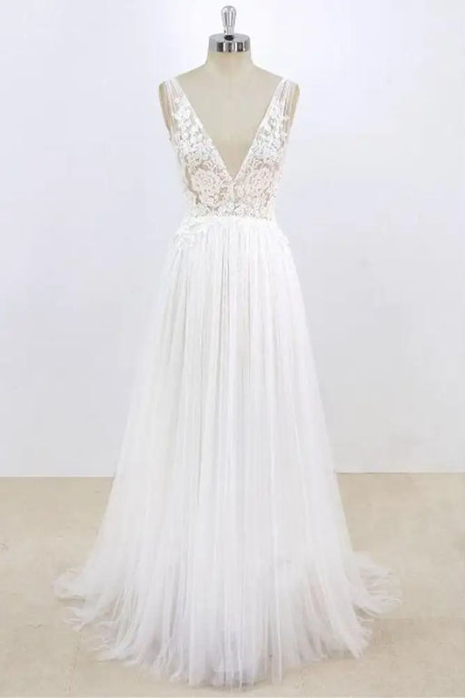 Deep V-neck Lace A-line Tulle Wedding Dress - Wedding Dresses