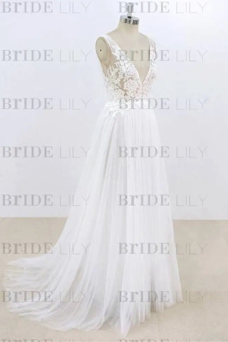 Deep V-neck Lace A-line Tulle Wedding Dress - Wedding Dresses
