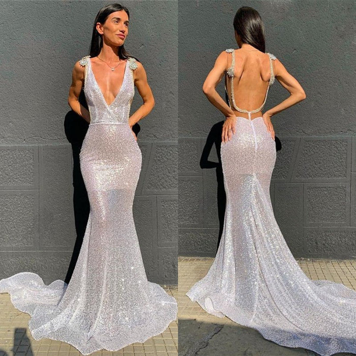 Deep V-Neck Sequins Mermaid Prom Dress with Open Back