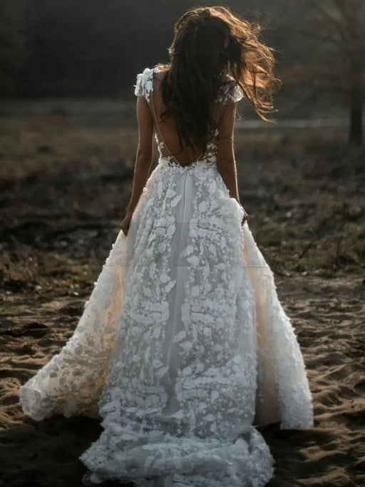 Deep V Neck Short Sleeve Backless A Line Wedding Dresses - wedding dresses