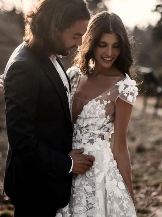 Deep V Neck Short Sleeve Hippie Lace Wedding Dress - Bridelily Deep V Neck Short Sleeve Hippie Lace Wedding Dress - Bridelily