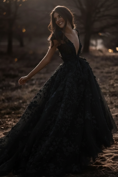 Black Deep V Neck Short Sleeve Backless A Line Wedding Dresses - wedding dresses