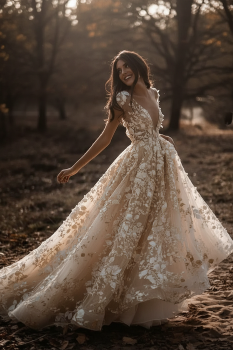 Champagne Deep V Neck Short Sleeve Backless A Line Wedding Dresses - wedding dresses