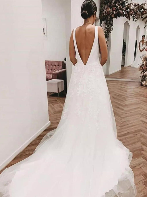 Deep V Neck and V Back White Lace Long Prom Wedding Dresses with Train, White Lace Formal Dresses, V Neck White Evening Dresses 