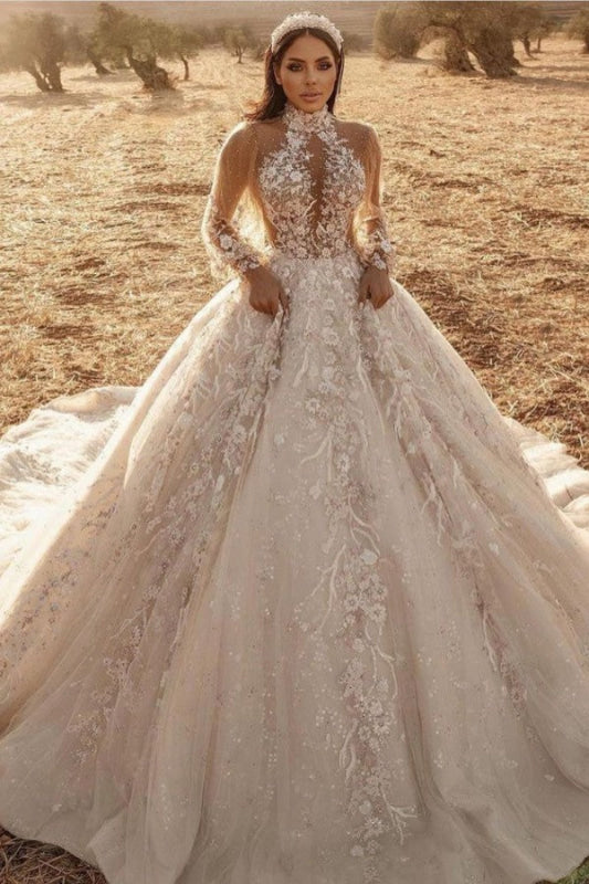 Long Sleeves Lace Ball Gown Wedding Dress with Applique-Bridelily