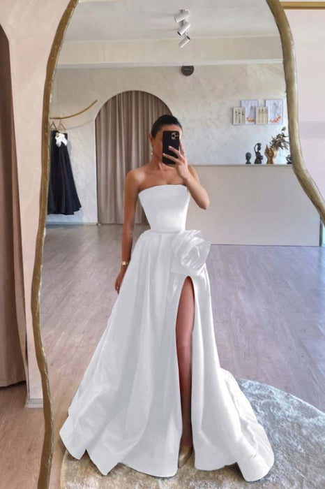 Designs Strapless Ruched Satin High Split A-Line Flower Long Prom Dress