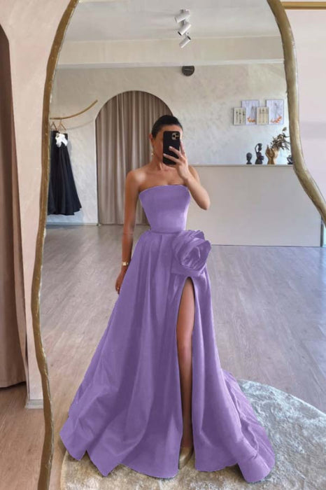 Designs Strapless Ruched Satin High Split A-Line Flower Long Prom Dress