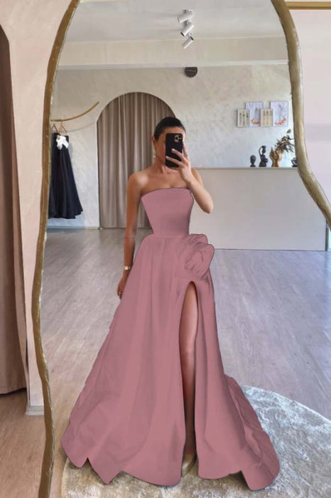 Designs Strapless Ruched Satin High Split A-Line Flower Long Prom Dress