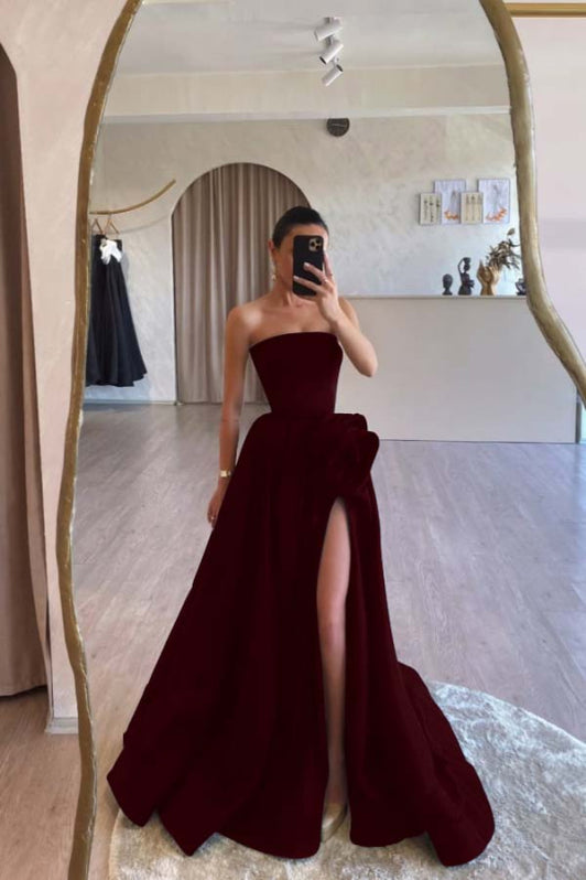 Elegant Long Strapless Split Front Sleeveless  A-line Satin Prom Dress