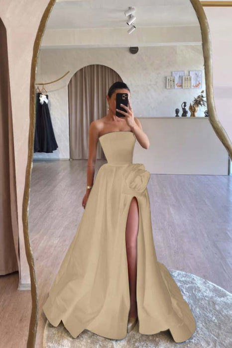 Designs Strapless Ruched Satin High Split A-Line Flower Long Prom Dress