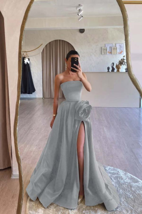 Designs Strapless Ruched Satin High Split A-Line Flower Long Prom Dress