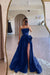 Designs Strapless Ruched Satin High Split A-Line Flower Long Prom Dress