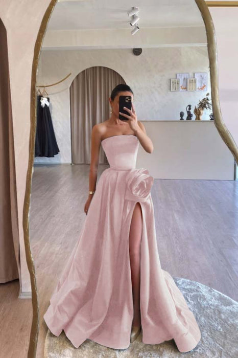 Designs Strapless Ruched Satin High Split A-Line Flower Long Prom Dress