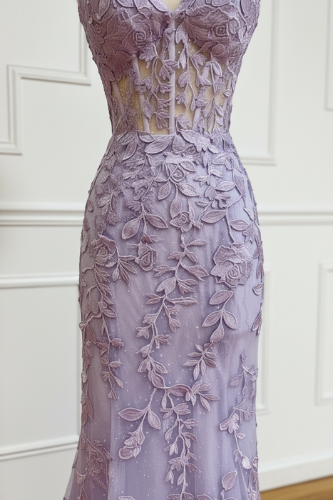 Sweetheart Mermaid Lace Prom Dresses Sleeveless Purple Formal Dresses