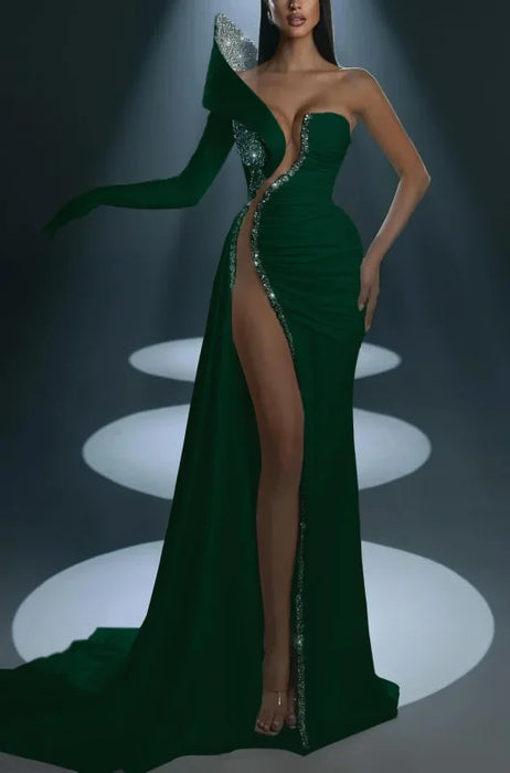 Dramatic One-Shoulder Mermaid Evening Dress Long with High Slit - Prom Dresses