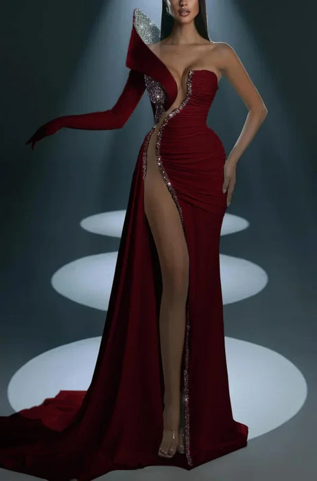 Dramatic One-Shoulder Mermaid Evening Dress Long with High Slit - Prom Dresses