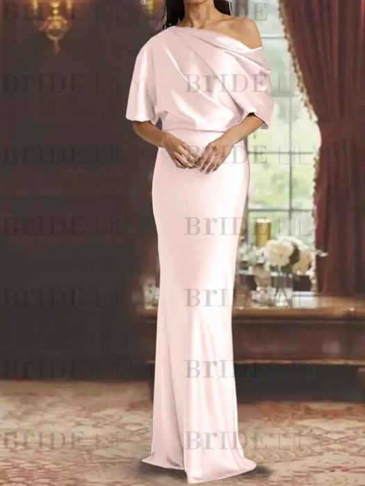 Draped satin column gown with a blouson top in blush pink