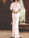 Draped satin column gown with a blouson top in blush pink