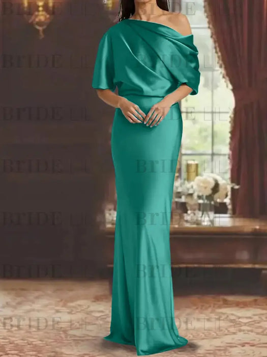 Aqua Blue draped satin mother of the bride column gown with blouson top