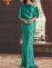 Aqua Blue draped satin mother of the bride column gown with blouson top