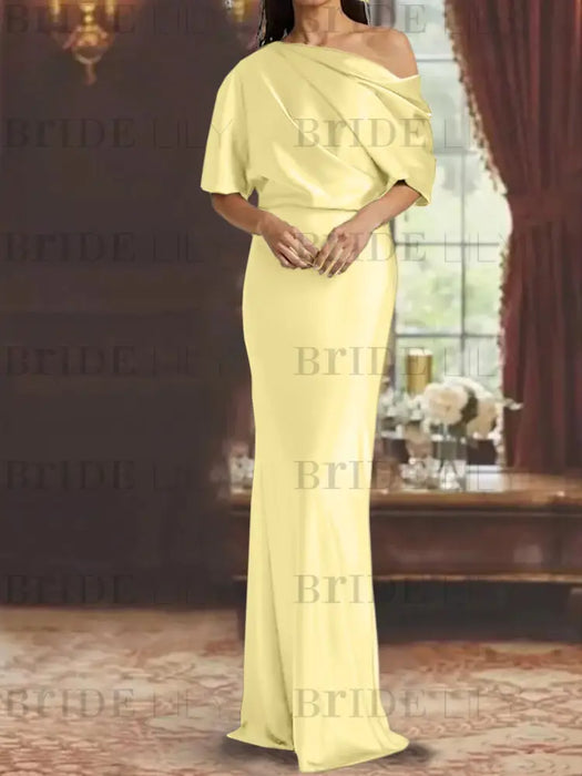 Canary draped satin mother of the bride column gown with blouson top