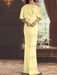 Canary draped satin mother of the bride column gown with blouson top