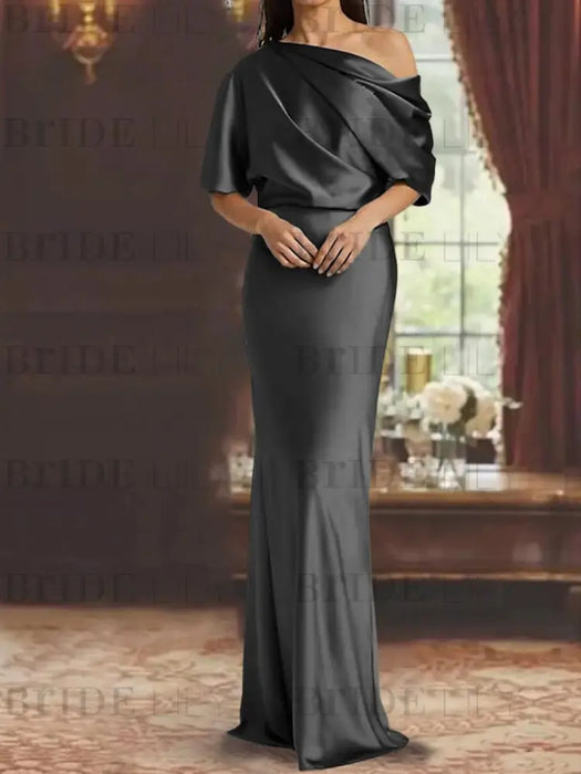 Charcoal Grey draped satin mother of the bride column gown with blouson top