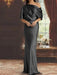 Charcoal Grey draped satin mother of the bride column gown with blouson top