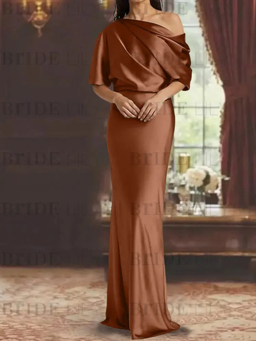 Copper draped satin mother of the bride column gown with blouson top