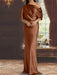 Copper draped satin mother of the bride column gown with blouson top