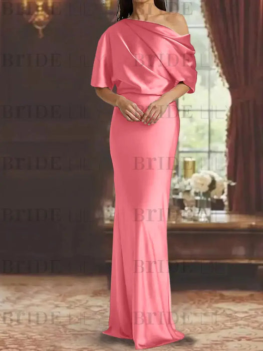 Coral draped satin mother of the bride column gown with blouson top