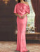 Coral draped satin mother of the bride column gown with blouson top