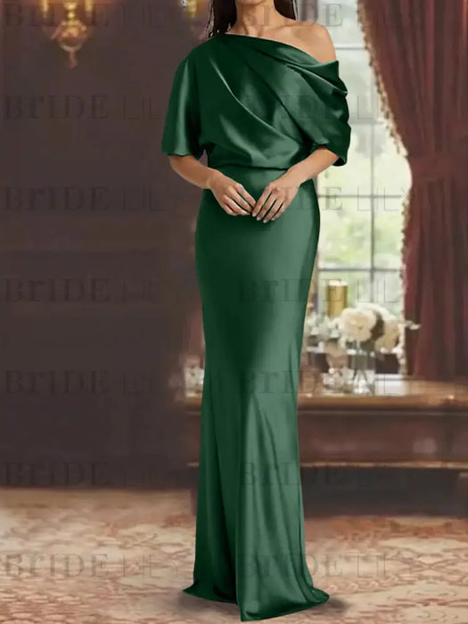 Dark Green draped satin mother of the bride column gown with blouson top